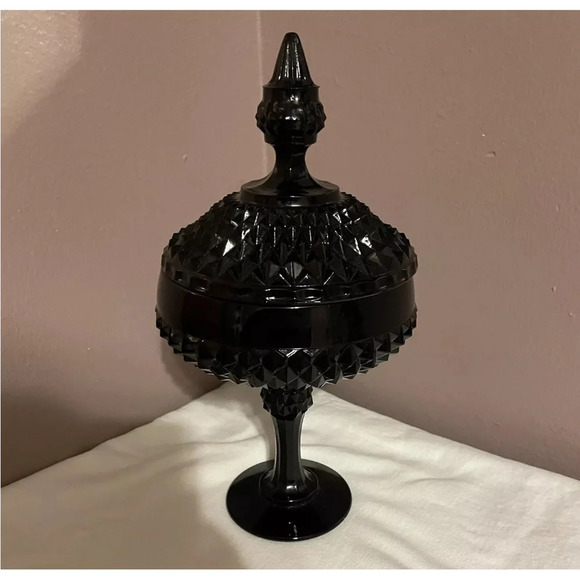 Vintage Indiana Glass Tiara Black Diamond Point Covered Candy Dish W/ Lid 12" - Picture 4 of 8